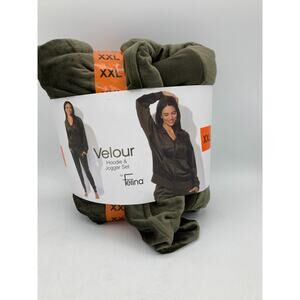 Felina Women's 2 Piece Velour Track Suit Lounge Set, Deep Olive, 2X-Large